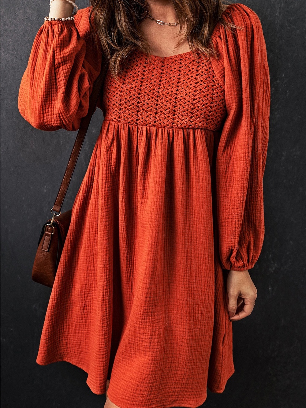 Burnt Orange Long Sleeve Smocked Babydoll Dress